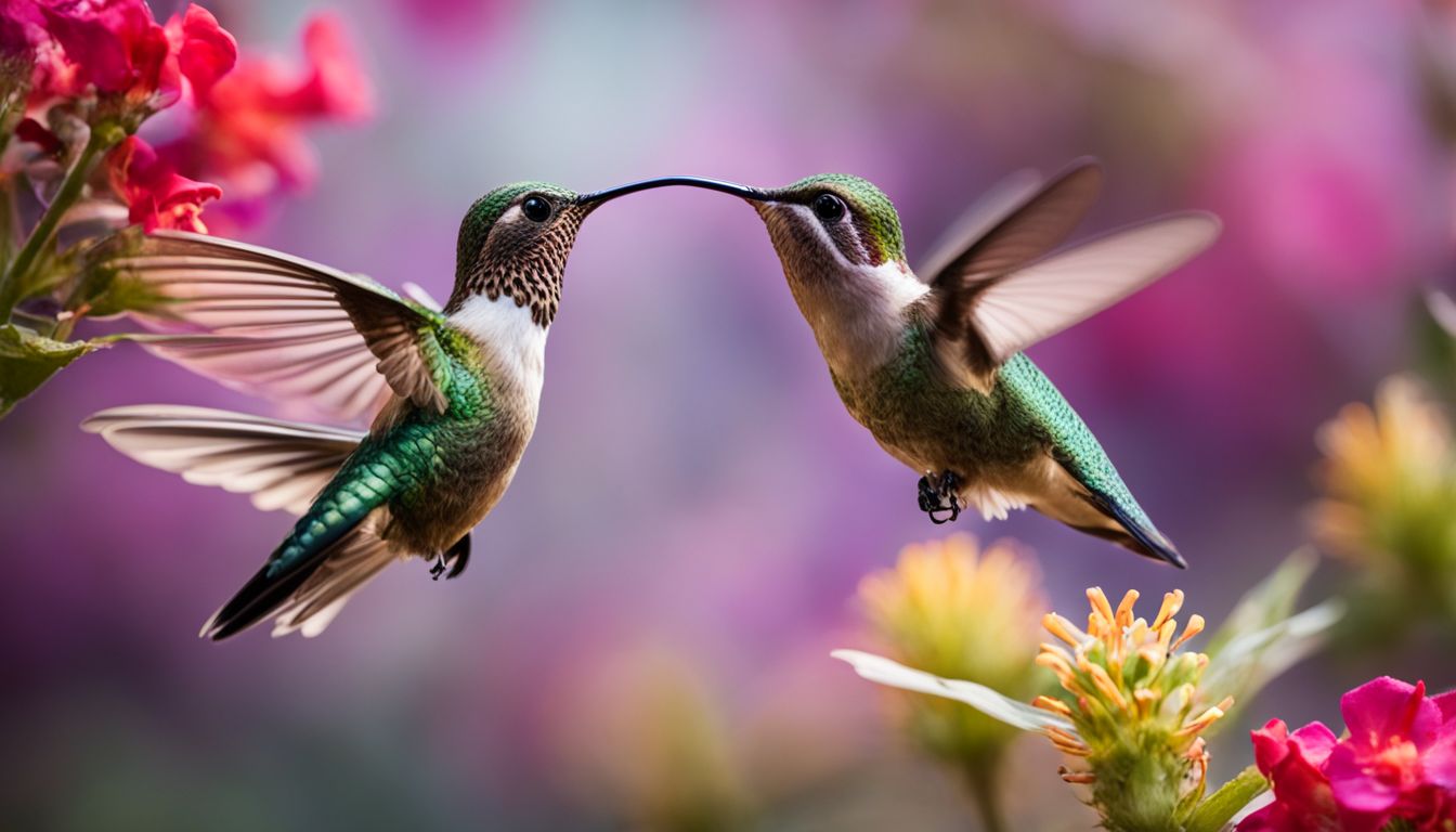 A vibrant hummingbird feeding on nectar in a colorful garden.