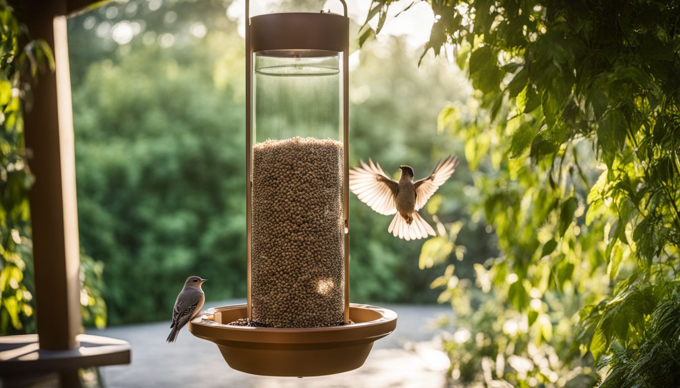 A hanging baffle attached to a bird feeder surrounded by lush greenery.