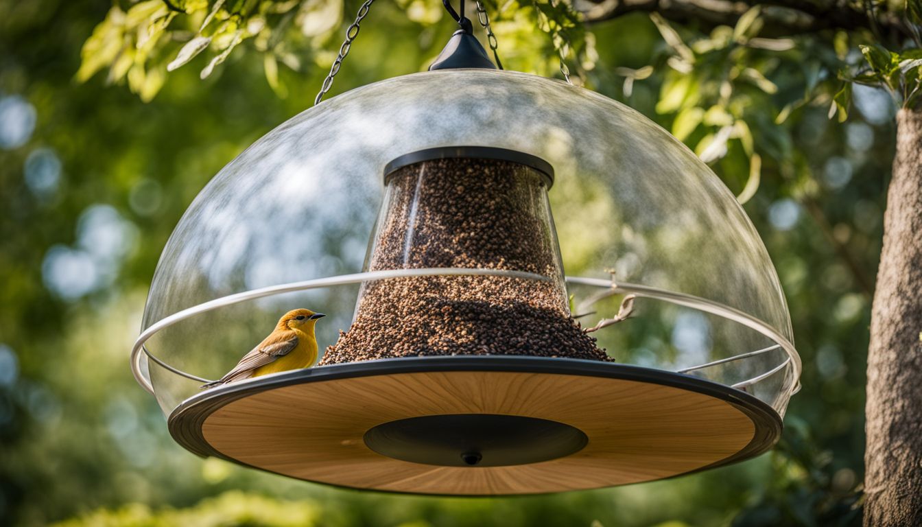 A dome baffle over a bird feeder in a lush garden.