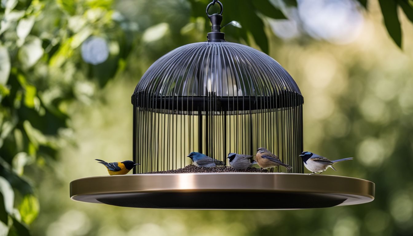 A bird feeder pole with a dome-shaped baffle in a garden.