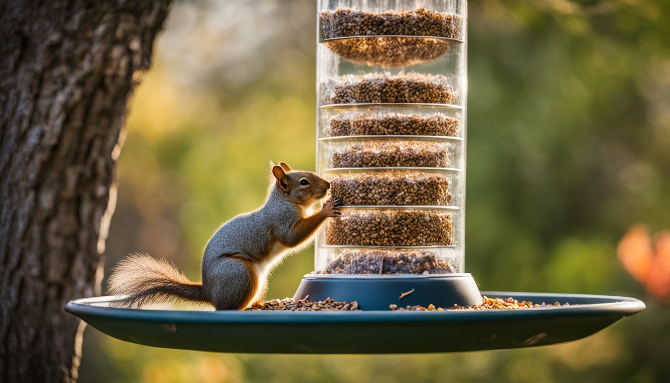 A squirrel baffling system installed on a bird feeder in a backyard garden.