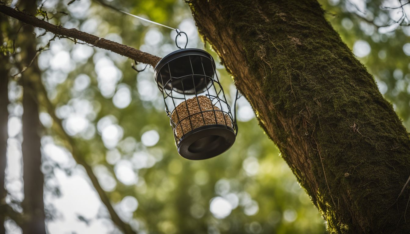 A bird feeder hanging from a tree in a lush forest.