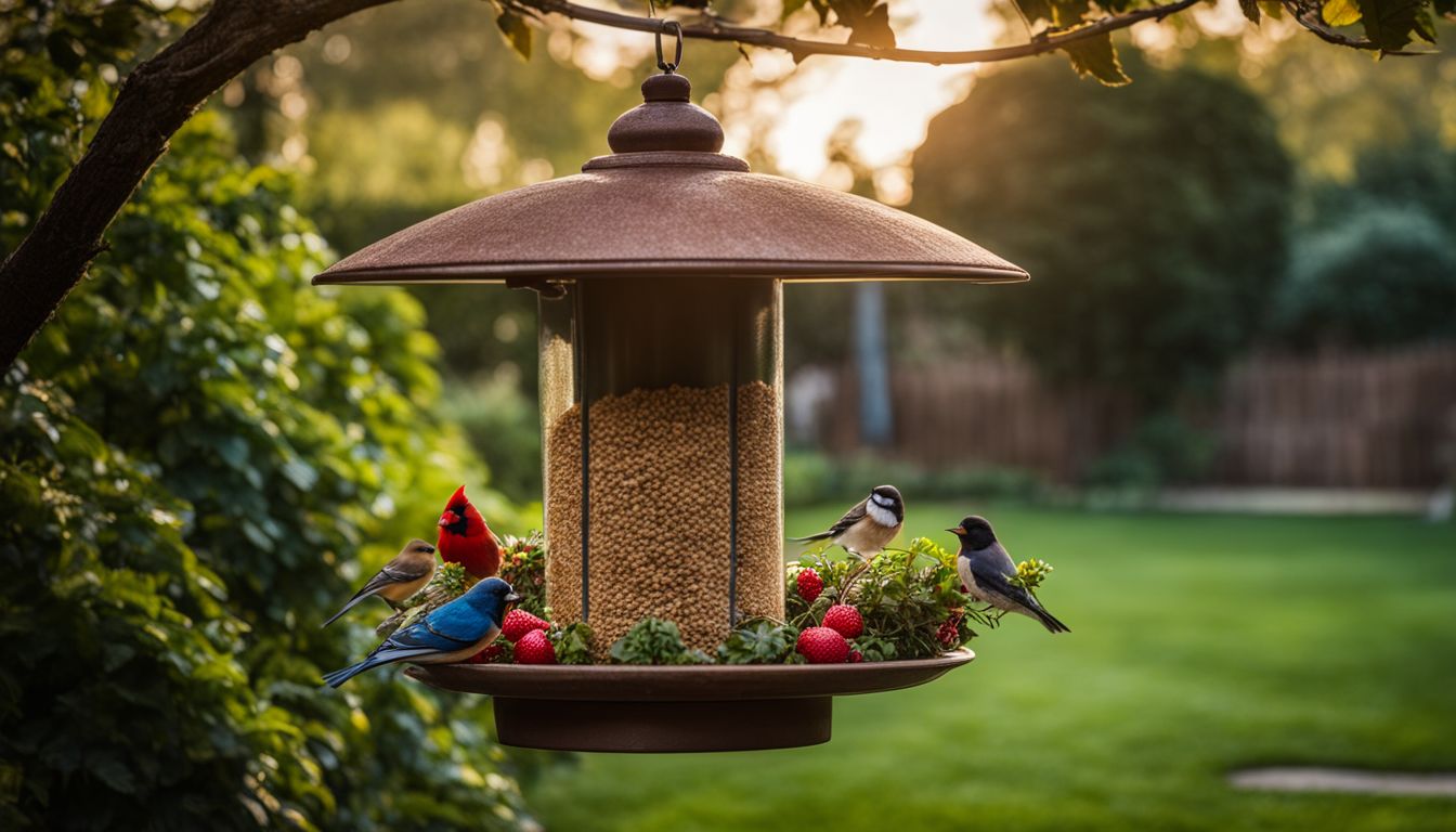 A colorful bird feeder in a lush garden with various birds.