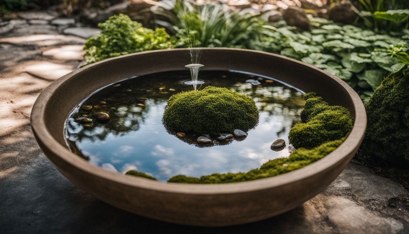 A DIY bird bath surrounded by lush greenery in a bustling atmosphere.