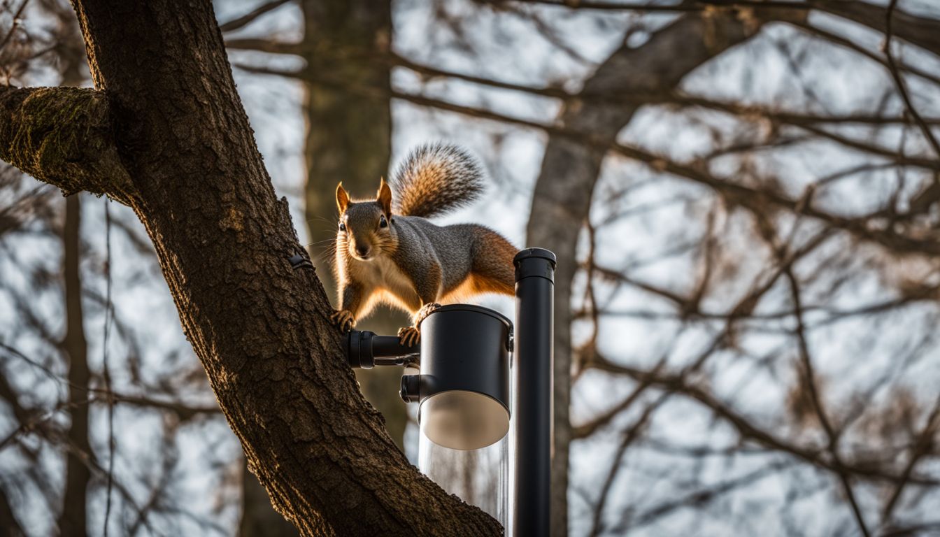 A squirrel baffle installed high on a pole in a tree-filled environment.