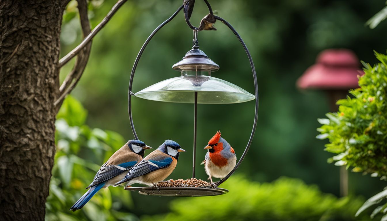 Vibrant birds perched on a bird feeder in a lush garden.