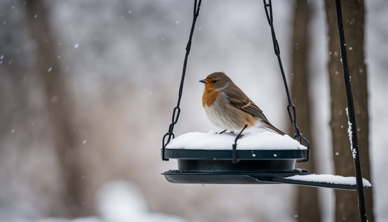 A bird perched on a snowy feeder in wildlife photography.