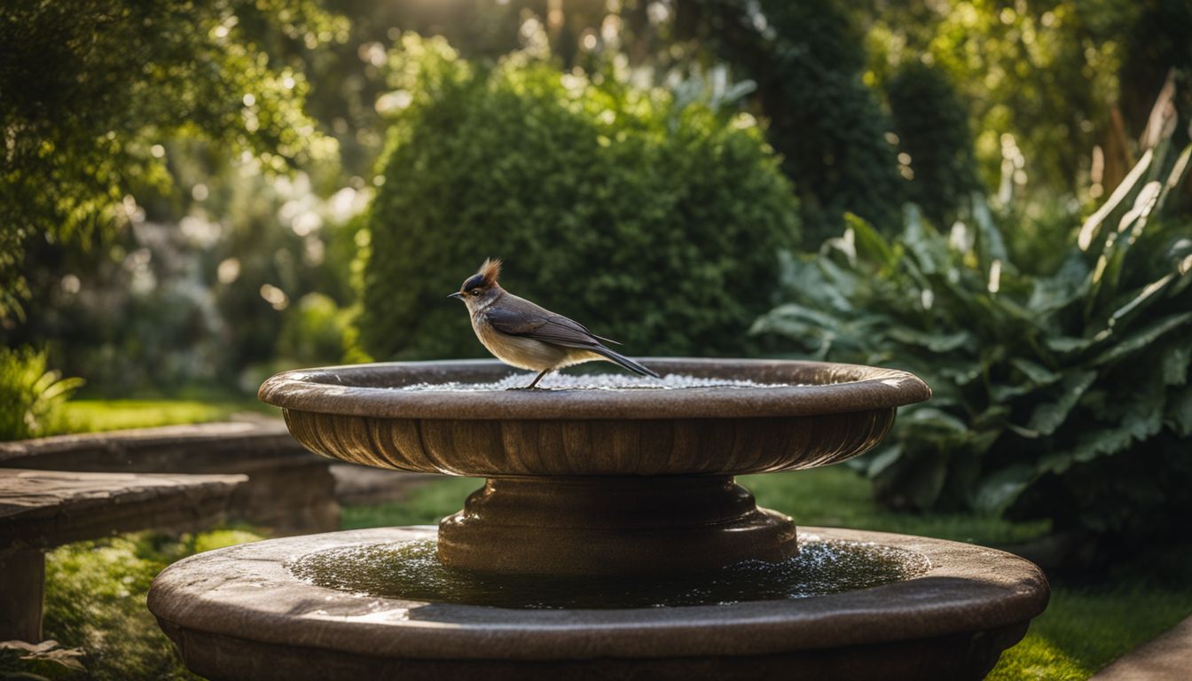 A bird bath surrounded by lush greenery in a well-lit setting.