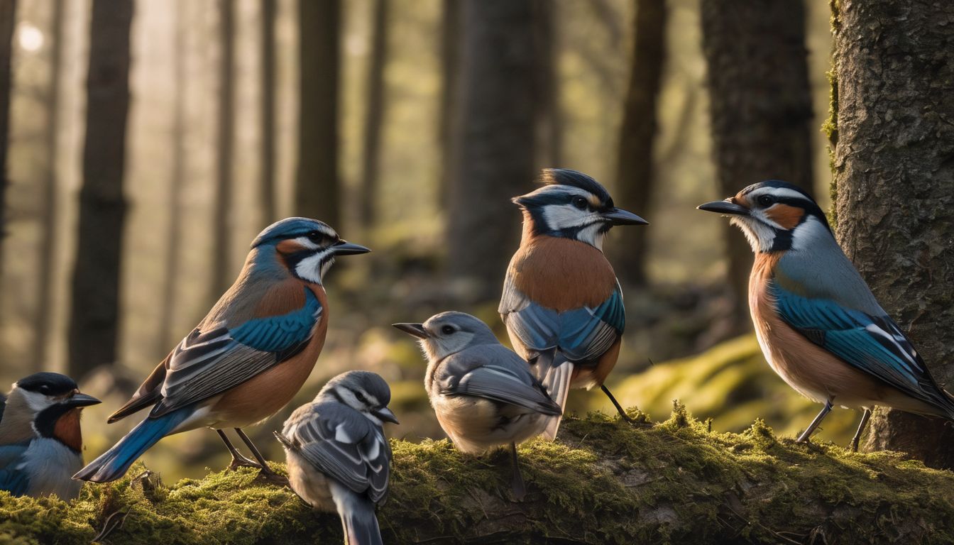 A group of wild birds foraging for food in a natural woodland environment.