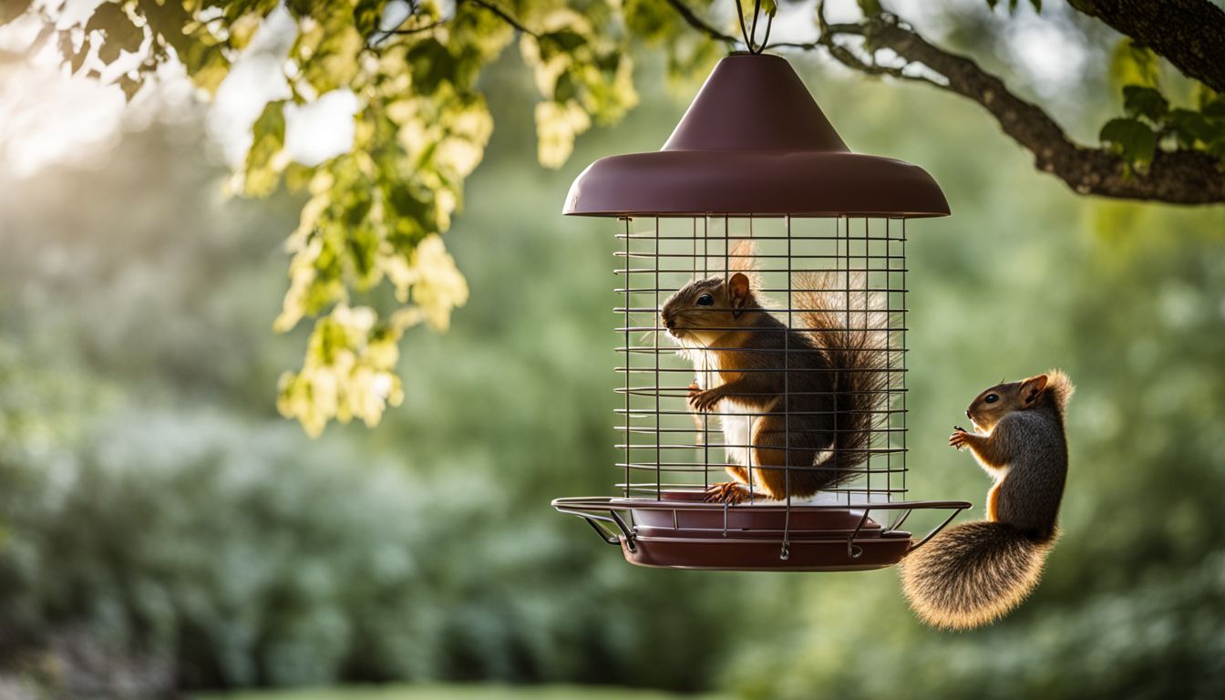 A DIY squirrel baffle hanging from a bird feeder pole in a garden.