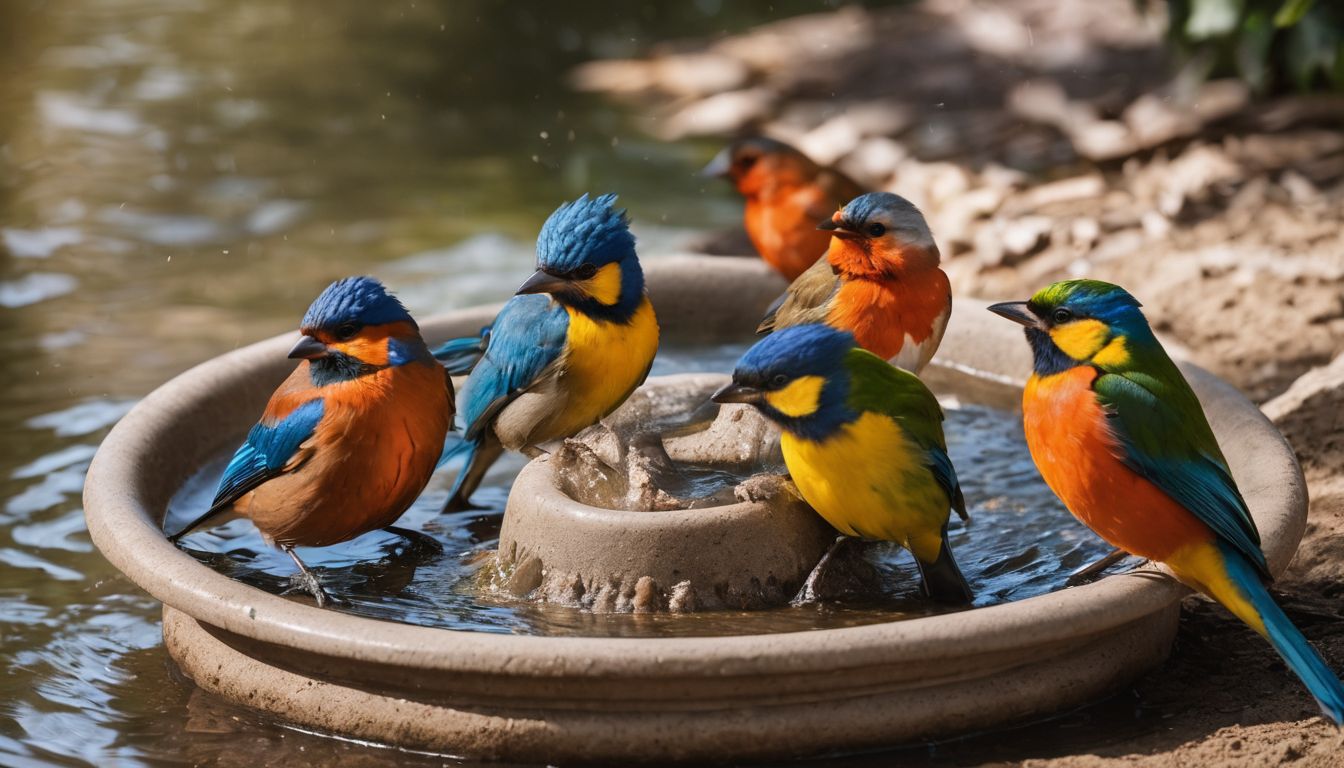 Colorful birds bathing in a ceramic ground bird bath in nature.