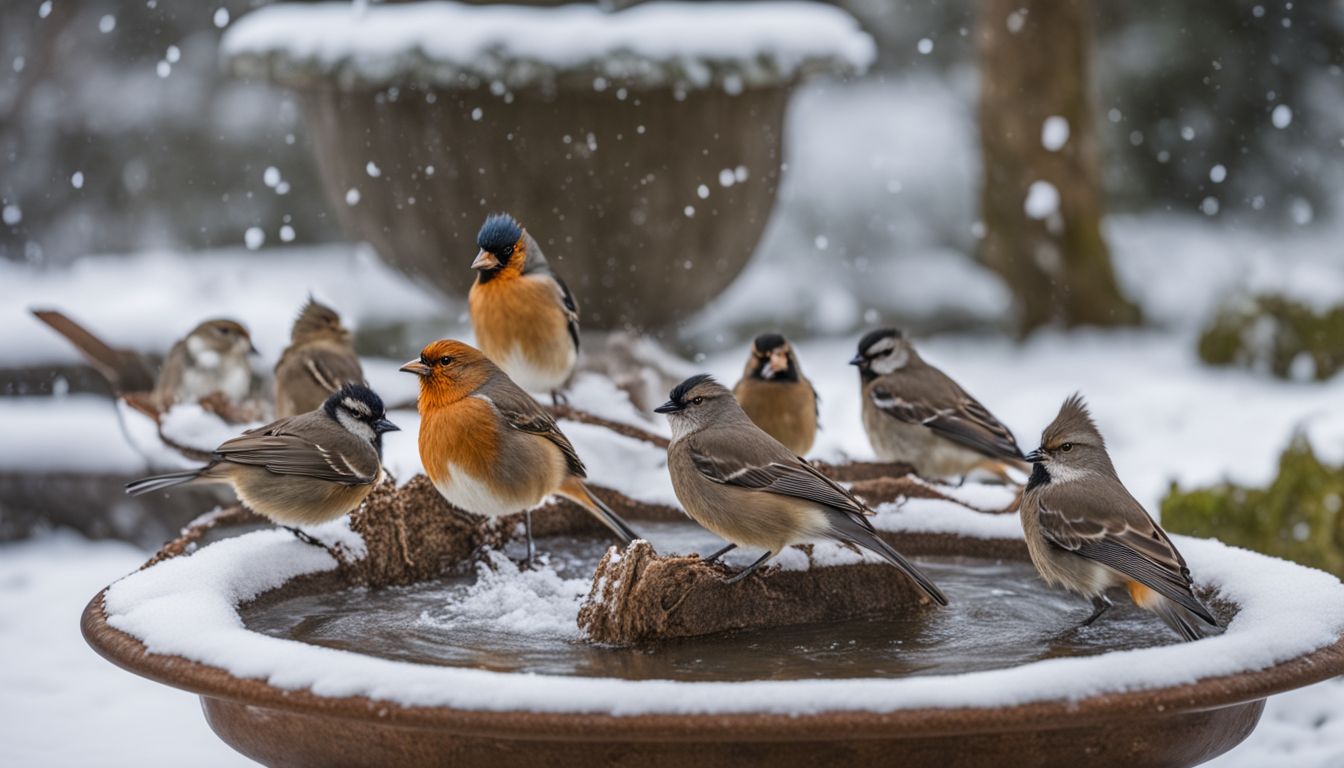 Various birds enjoying a heated bird bath in a snowy garden.