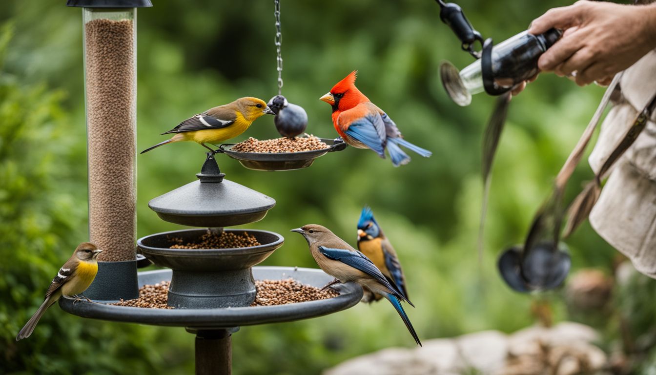 A variety of birds feeding at a well-stocked bird feeder in a lush garden.