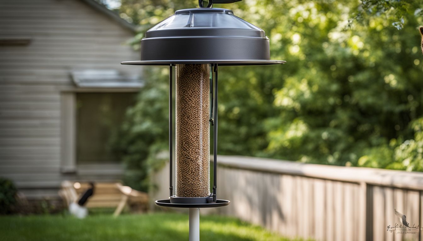 A homemade squirrel baffle installed below a bird feeder in a garden.