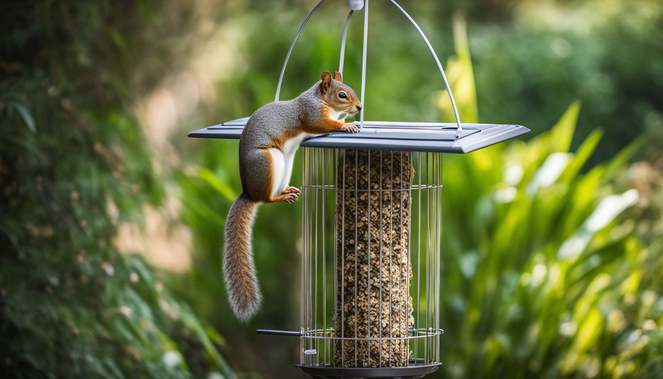Squirrel baffles installed on a bird feeder pole in a lush garden.