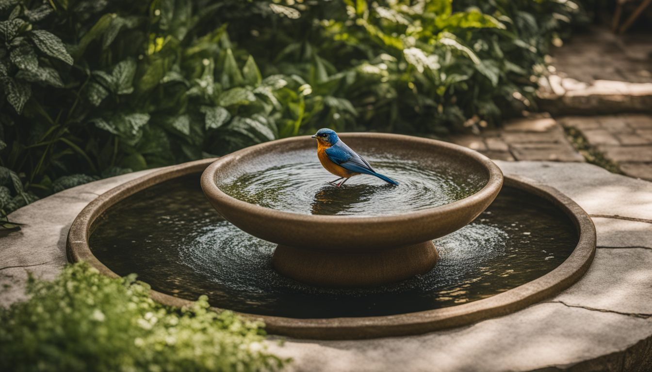 A bird bath surrounded by lush greenery in a bustling atmosphere.