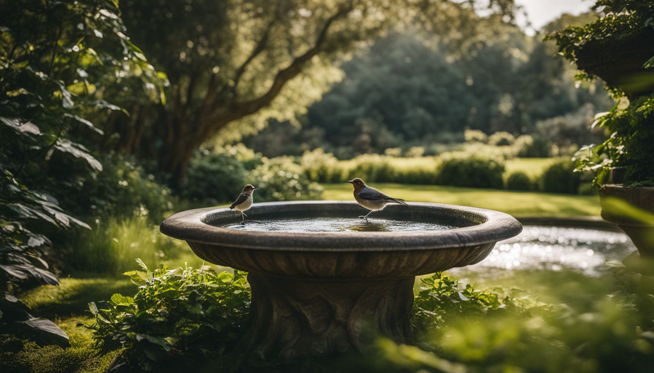 A clean bird bath surrounded by lush greenery, captured with high-quality equipment.