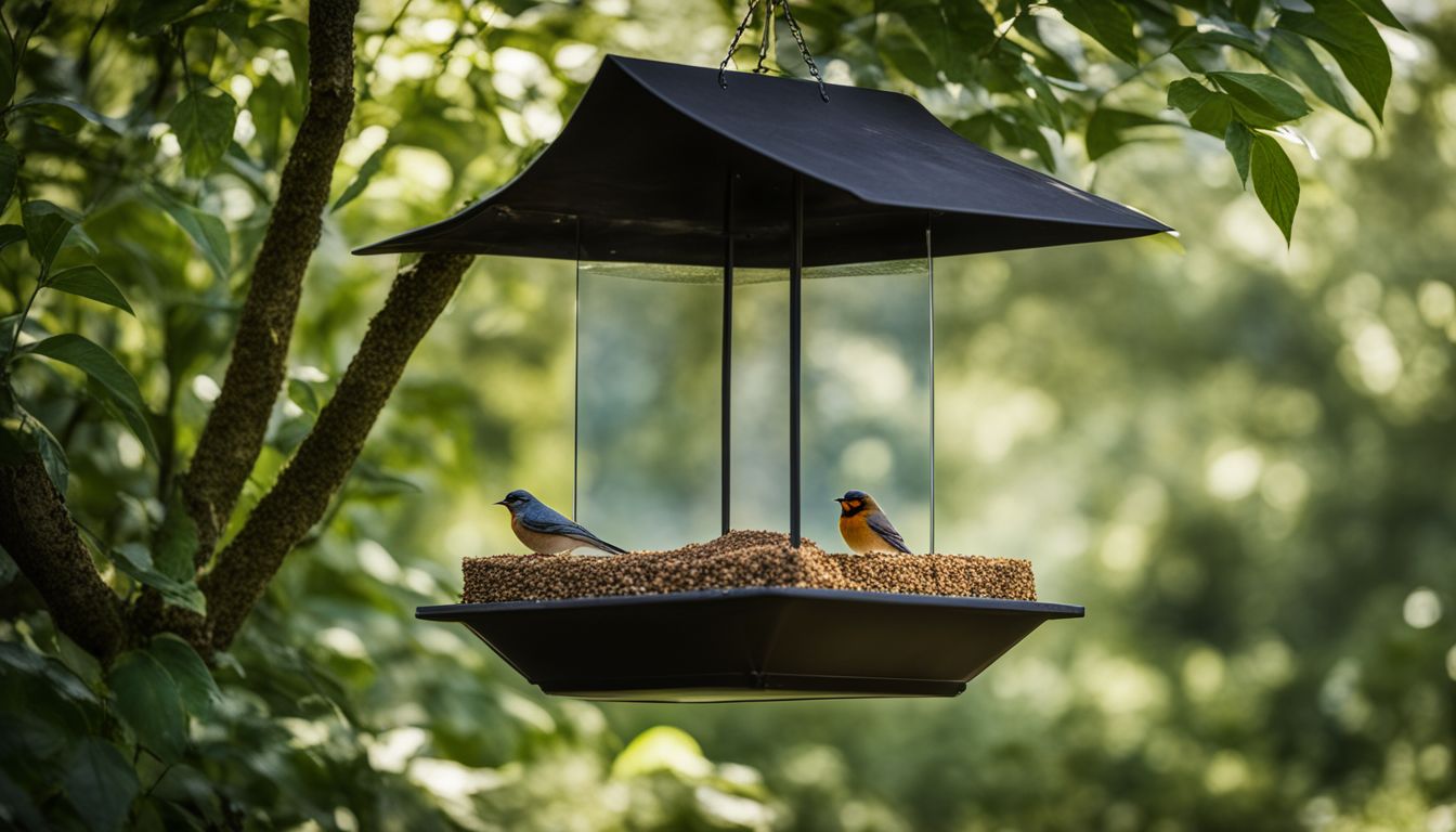 A bird feeder with a baffle surrounded by lush greenery.