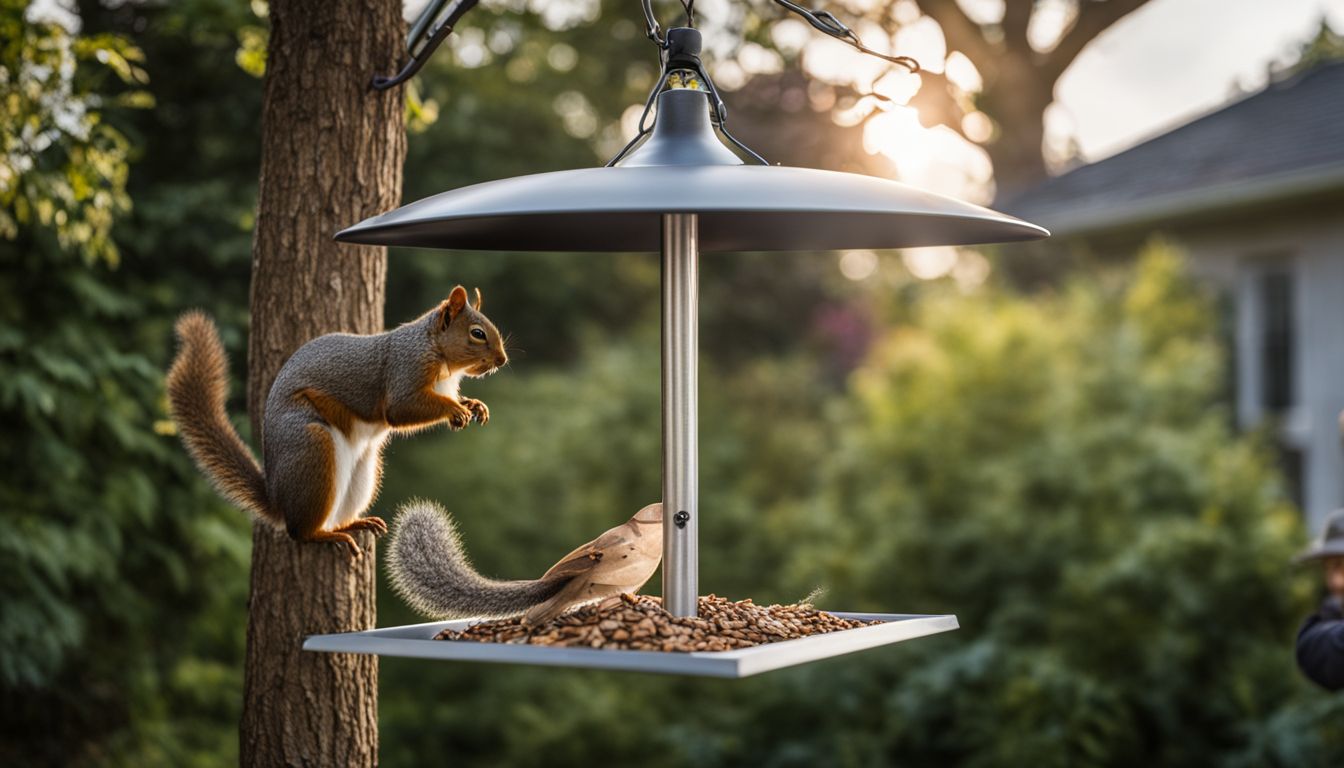 A squirrel baffle being assembled on a bird feeder pole in a garden.