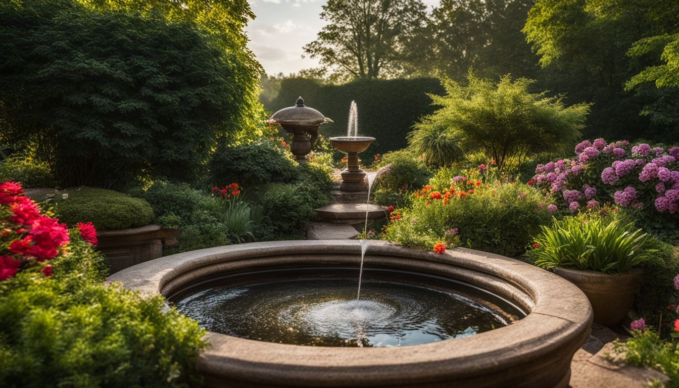 A bird bath surrounded by lush greenery and colorful flowers.