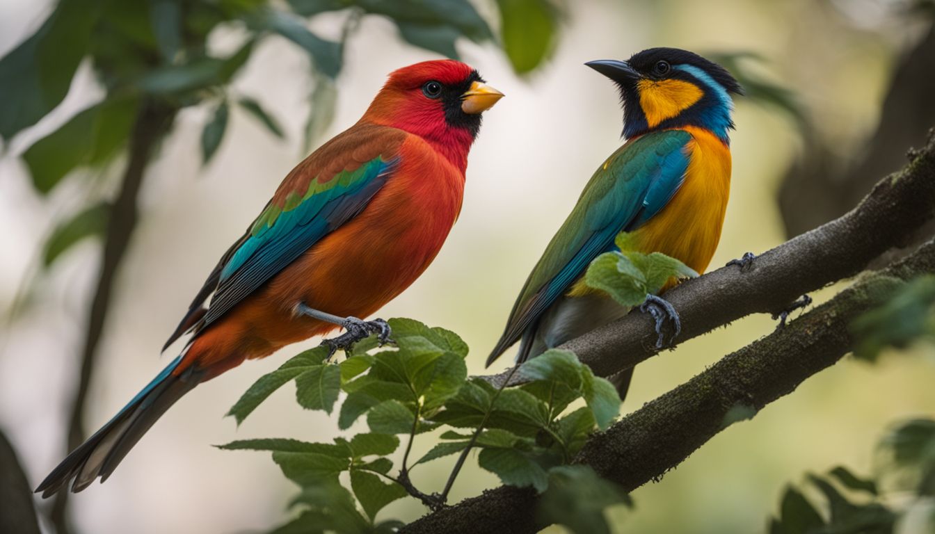 A variety of colorful birds perched on tree branches in a lush, natural environment.