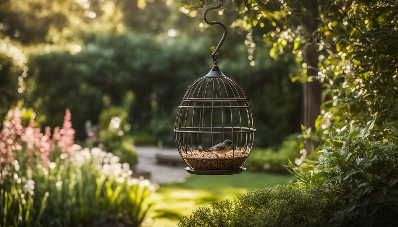 A caged bird feeder hanging in a lush garden, without humans.