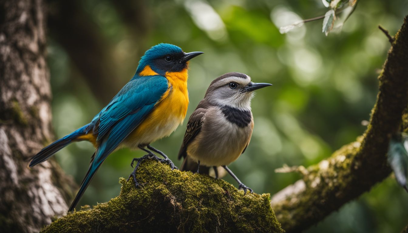 A variety of bird species perched in a lush forest setting.