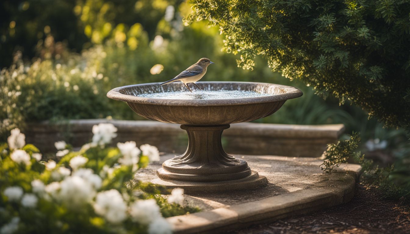 A sparkling bird bath in a lush garden setting with no humans.