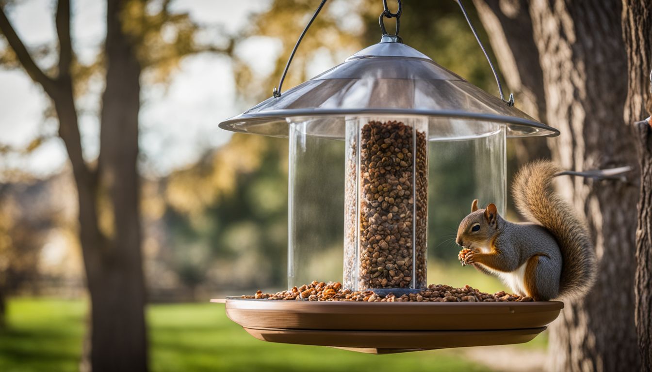A squirrel-proofed bird feeder in a tidy yard.