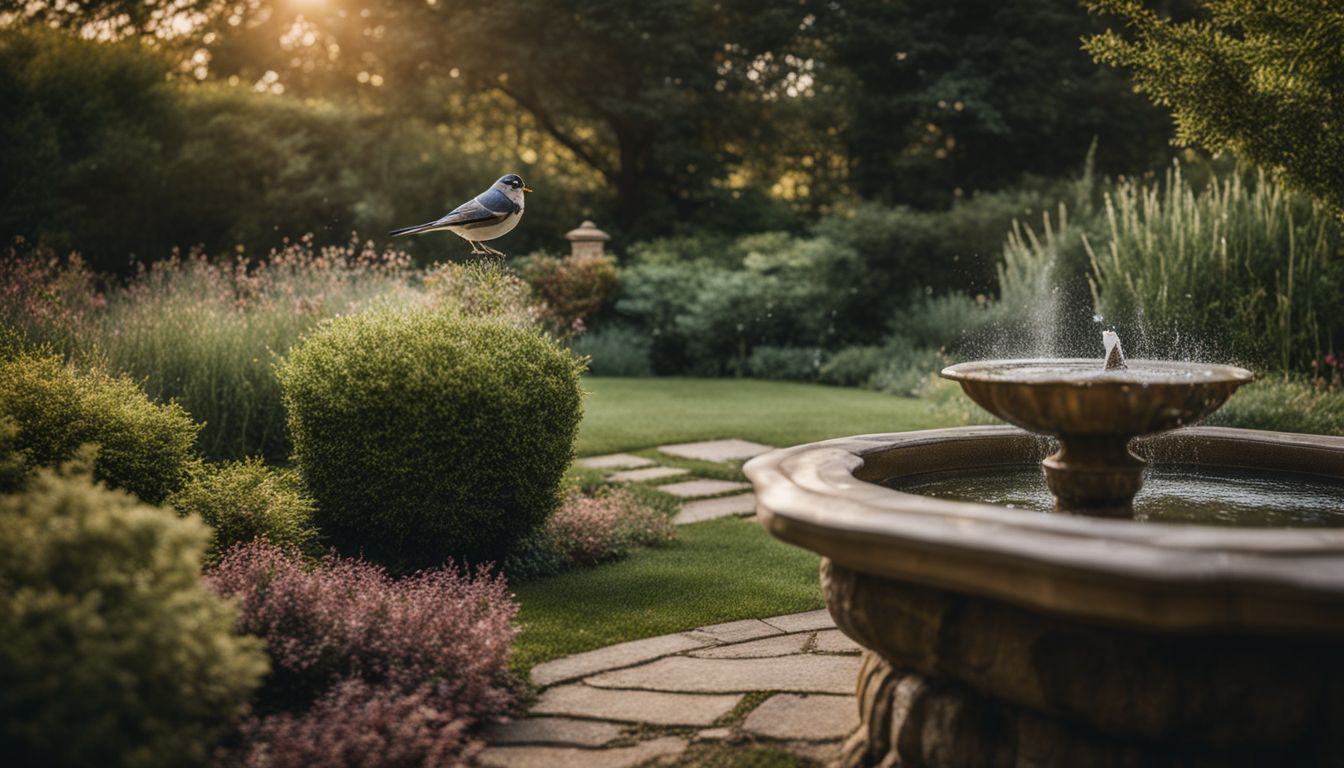 A bird bath in a garden surrounded by trees and shrubs.