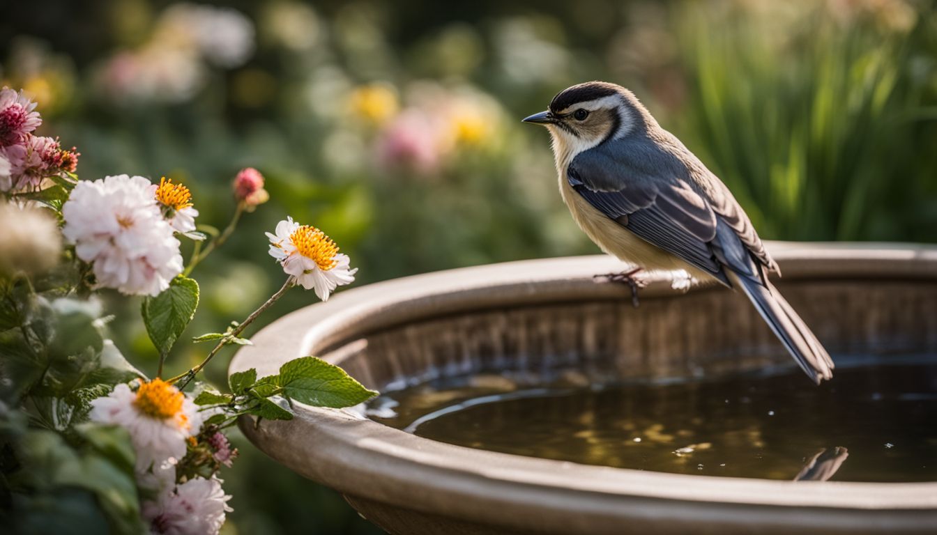 A bird perched on a lush bird bath surrounded by blooming flowers.