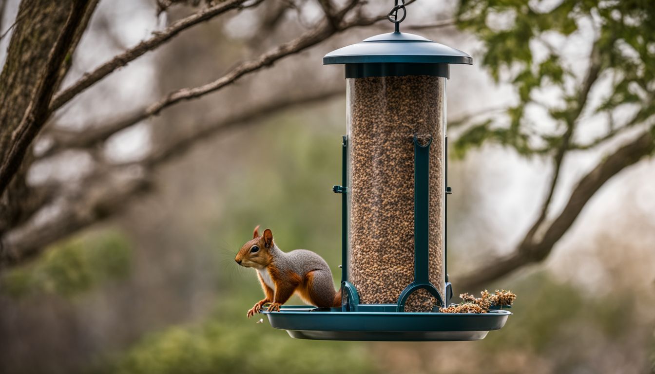 A squirrel-proof bird feeder with an effective baffle in a garden.