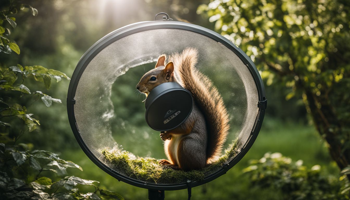 A DIY squirrel baffle in a lush, natural setting.