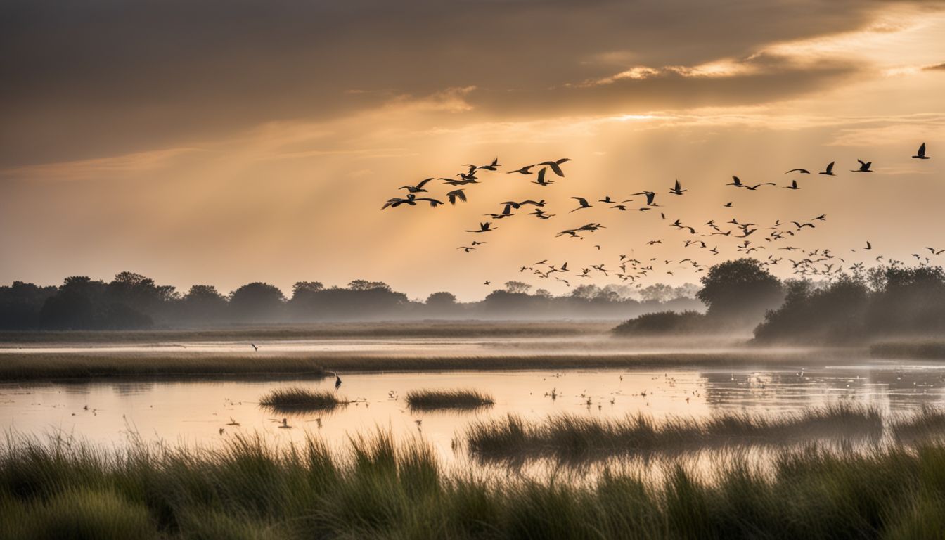 A flock of migratory birds gracefully flying over a peaceful wetland.