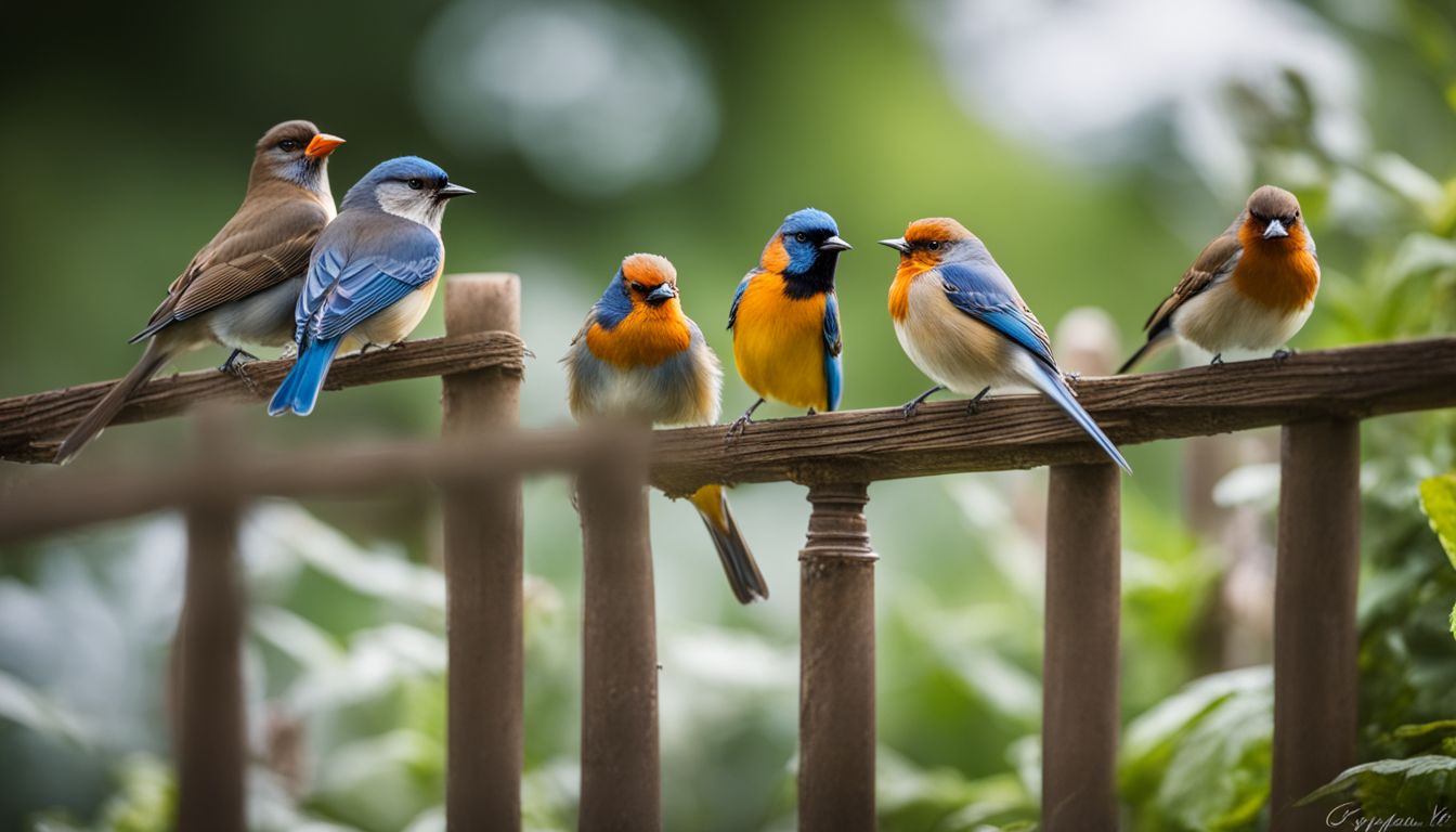 A vibrant and diverse collection of songbirds perched on a garden fence.