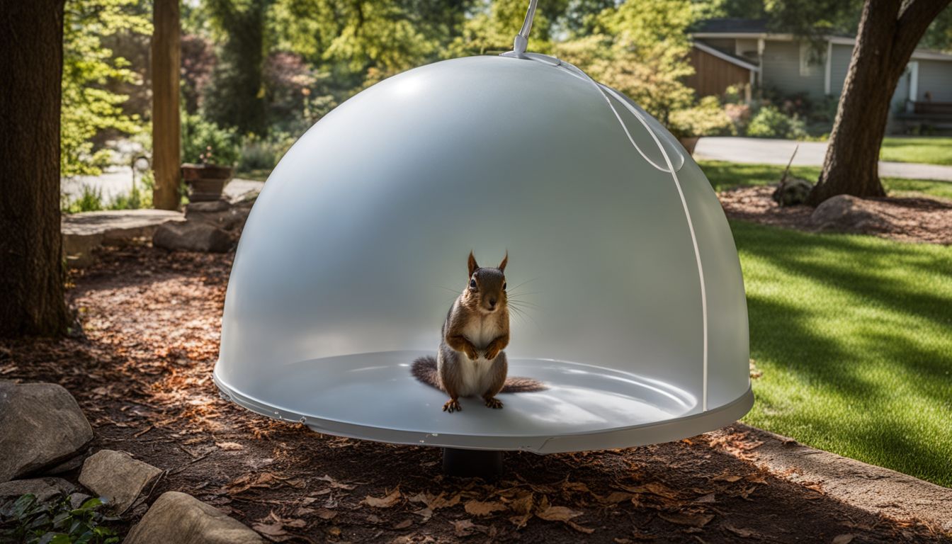A DIY squirrel baffle made from a repurposed plastic dome in a backyard garden.