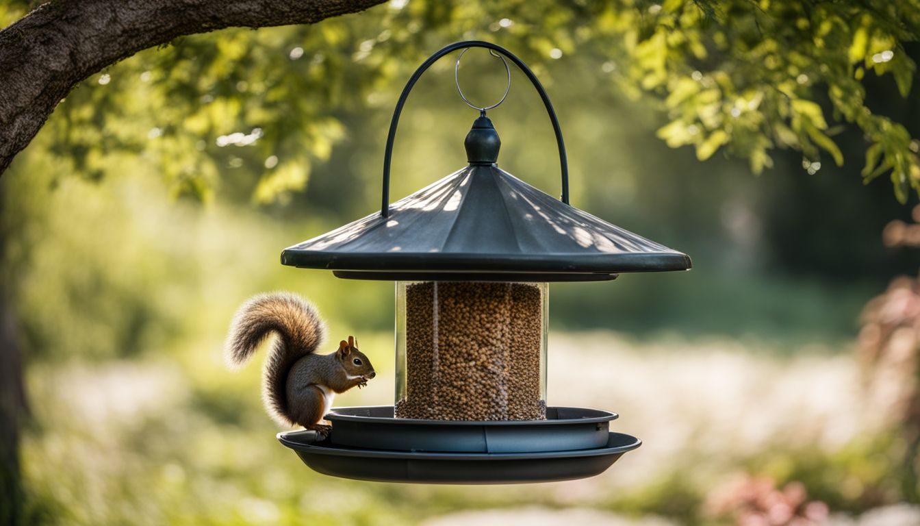 A bird feeder in a garden with a squirrel feeder and motion-activated sprinklers.