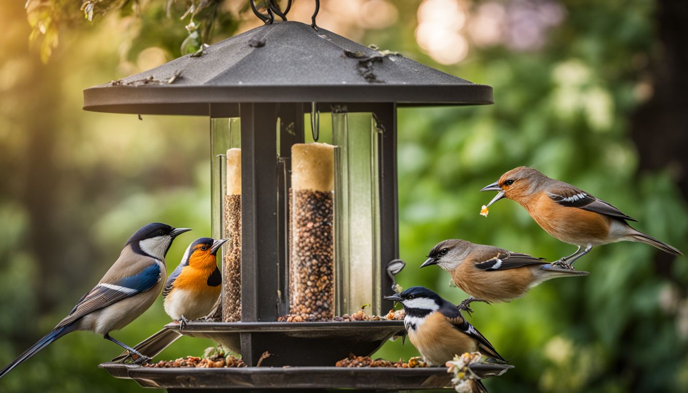 A diverse group of wild birds feeding in a garden.
