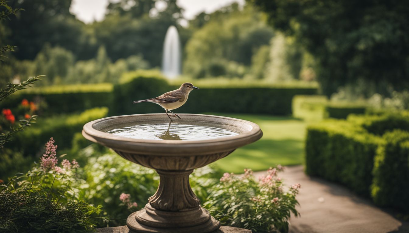 A delicate bird perched on a decorative pedestal bird bath in a lush garden.