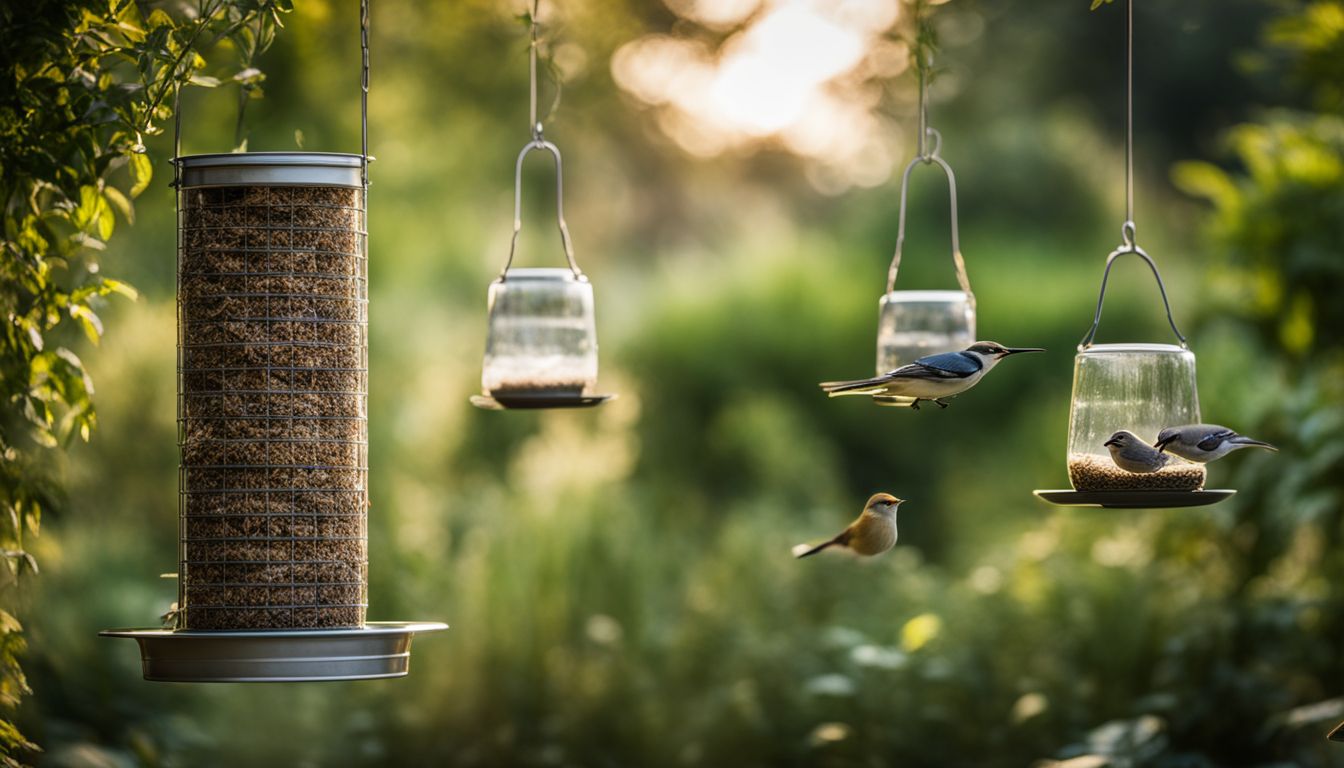 A variety of bird feeders hanging in a vibrant garden setting.