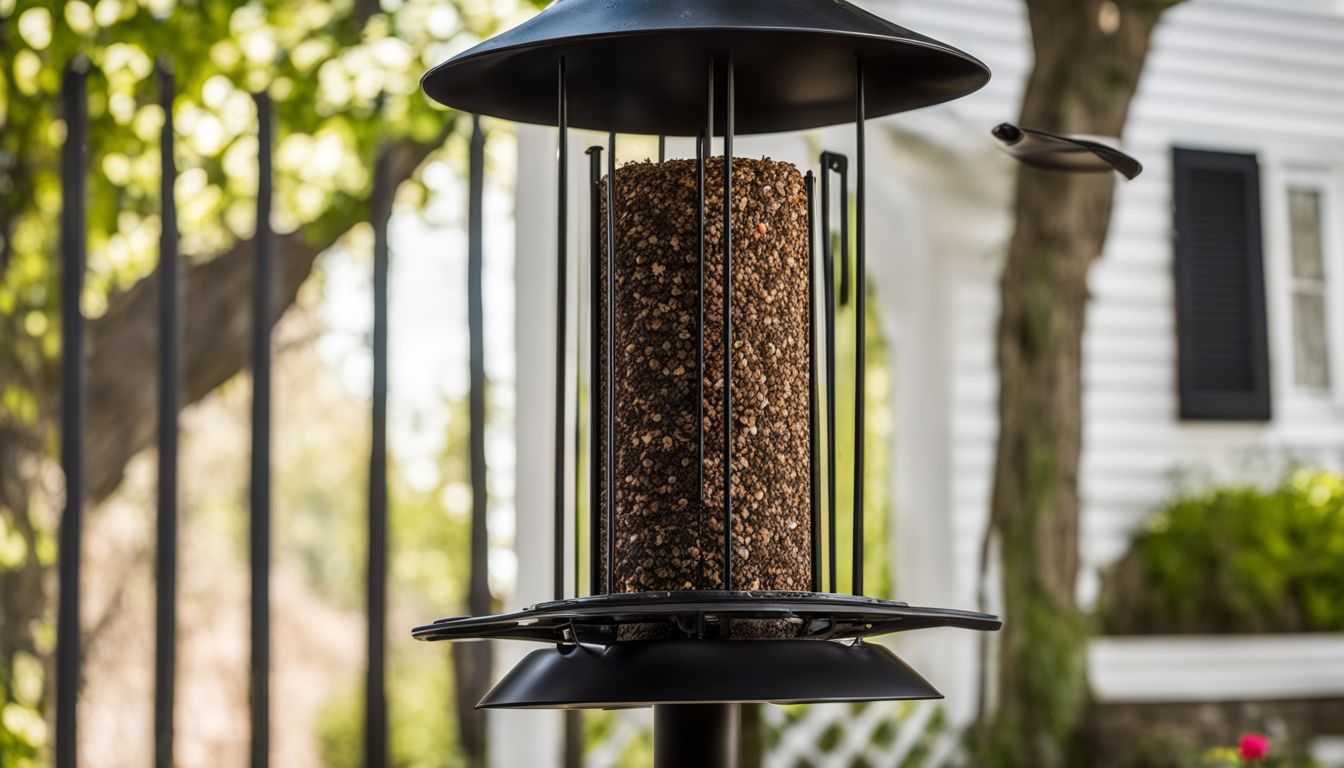 A metal pole baffle on a bird feeder in a backyard garden.