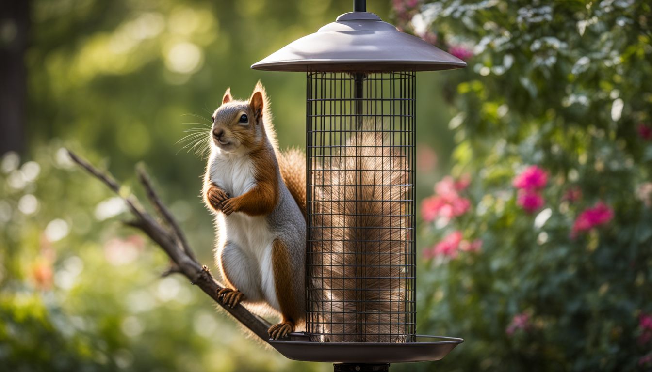 A squirrel baffle placed on a tall feeder pole in a garden.