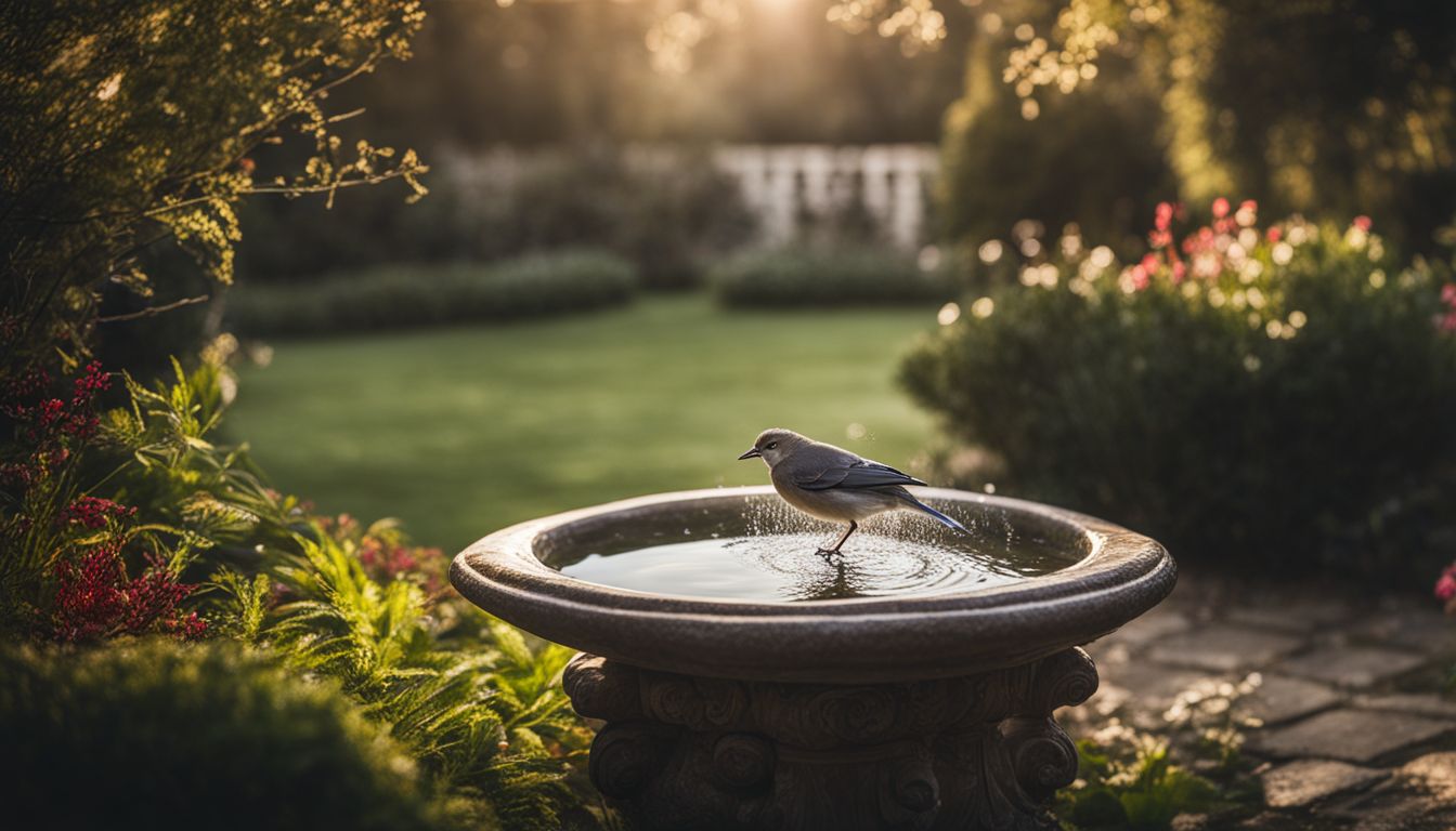 A sparkling, serene bird bath in a bustling garden.