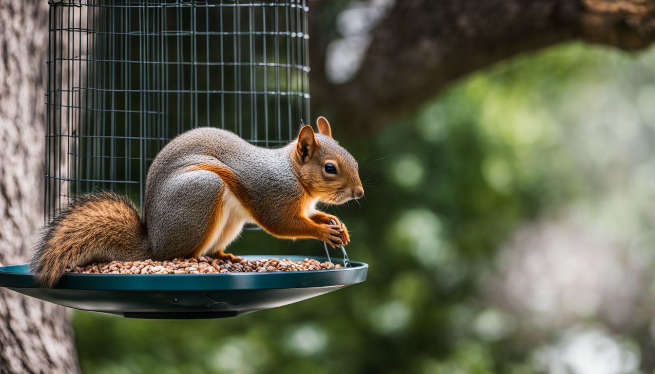 A squirrel baffle installed on a bird feeder in a garden.