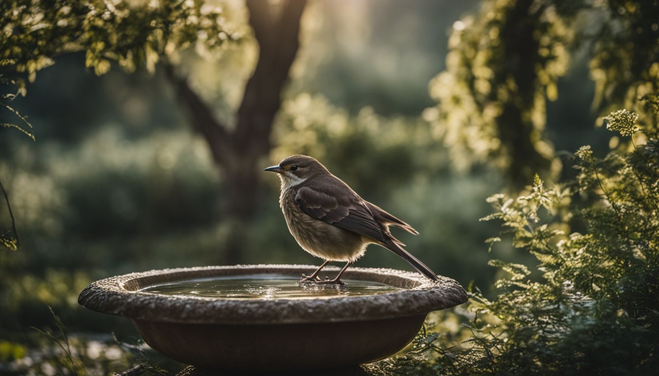 A shallow bird bath surrounded by trees and shrubs.