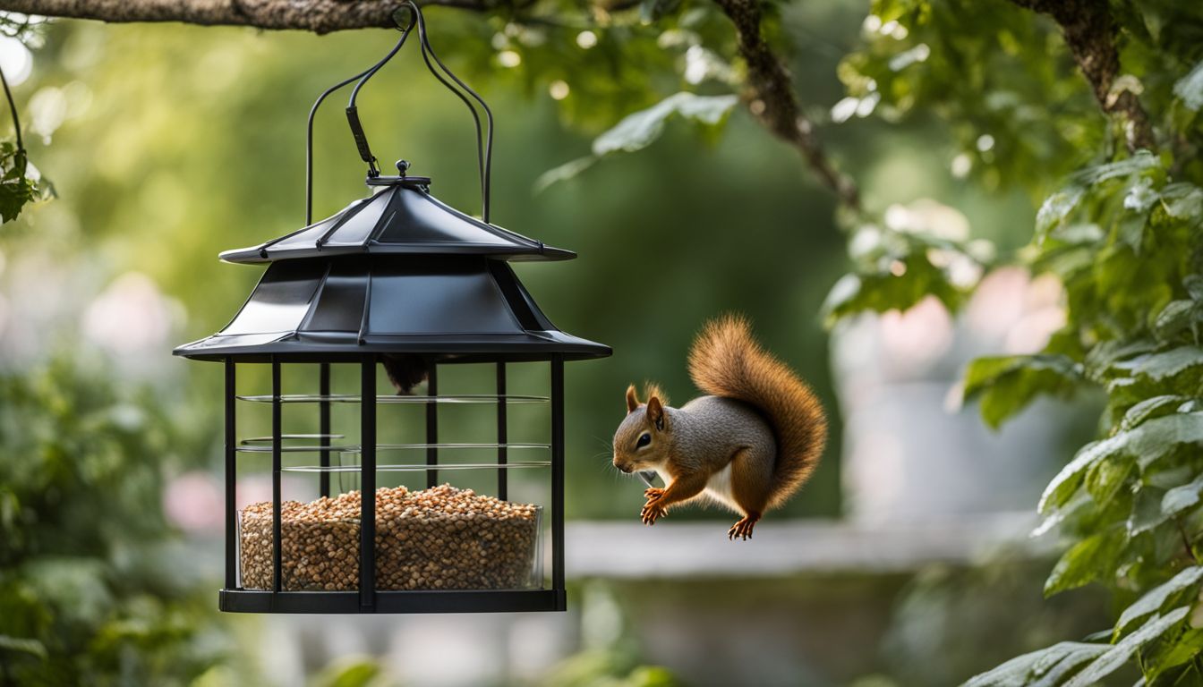 A squirrel-proof bird feeder in a lush garden.