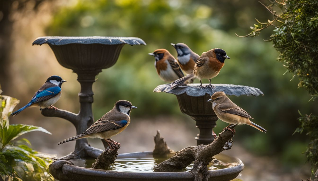 A diverse group of birds perched by a birdbath in nature.