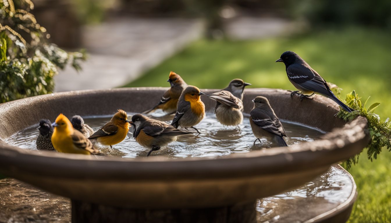 A variety of bird species bathing and drinking in a backyard bird bath.