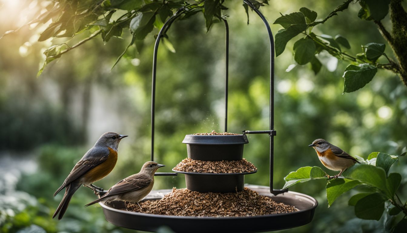 A bird feeder surrounded by lush greenery in a bustling atmosphere.
