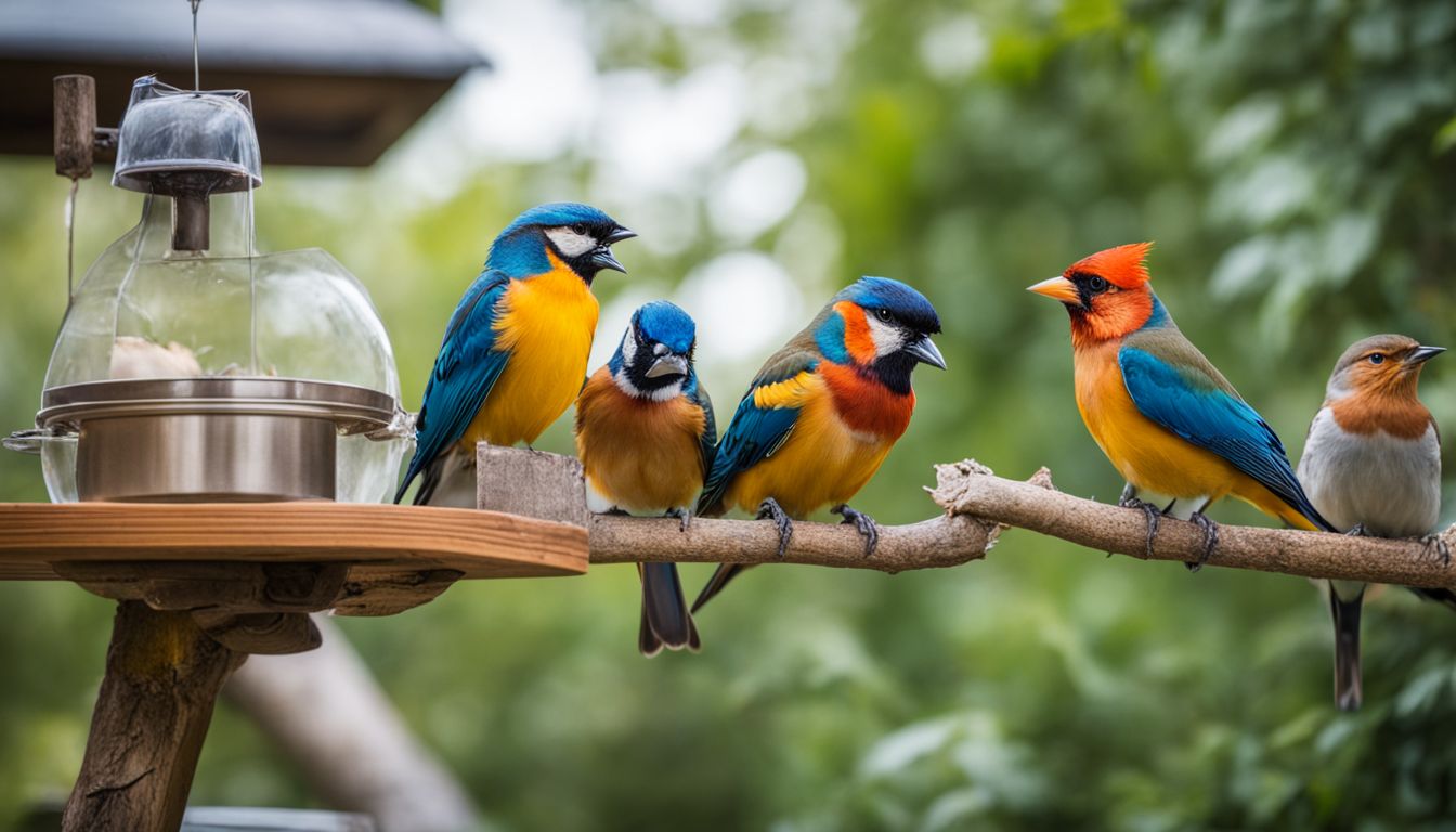 A backyard bird station with colorful birds feeding and perching.